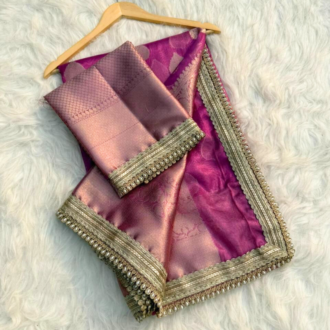 Pink Color Banarasi Tissue Silk Saree With Lace Work Alna Apparels
