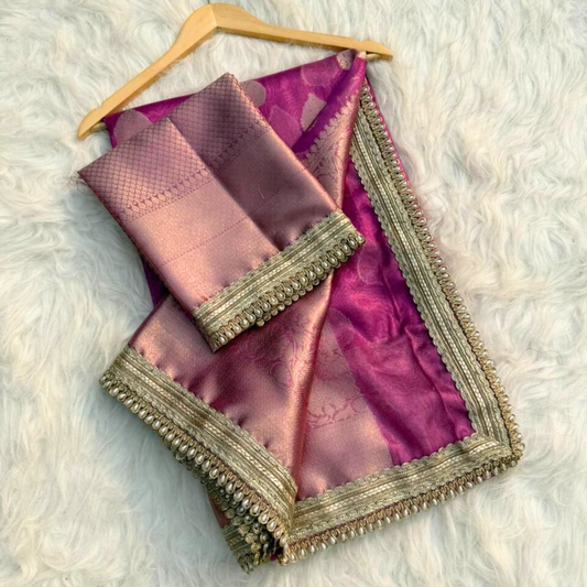 Pink Color Banarasi Tissue Silk Saree With Lace Work Alna Apparels
