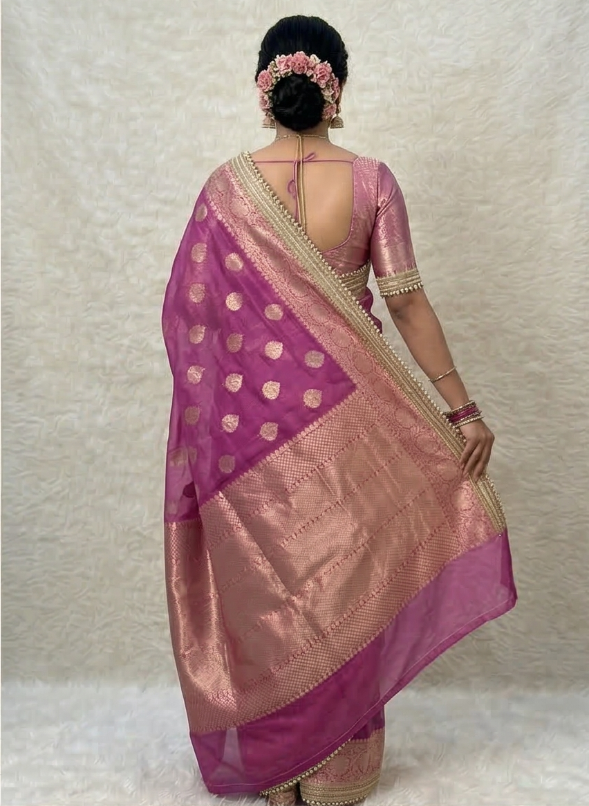 Pink Color Banarasi Tissue Silk Saree With Lace Work Alna Apparels
