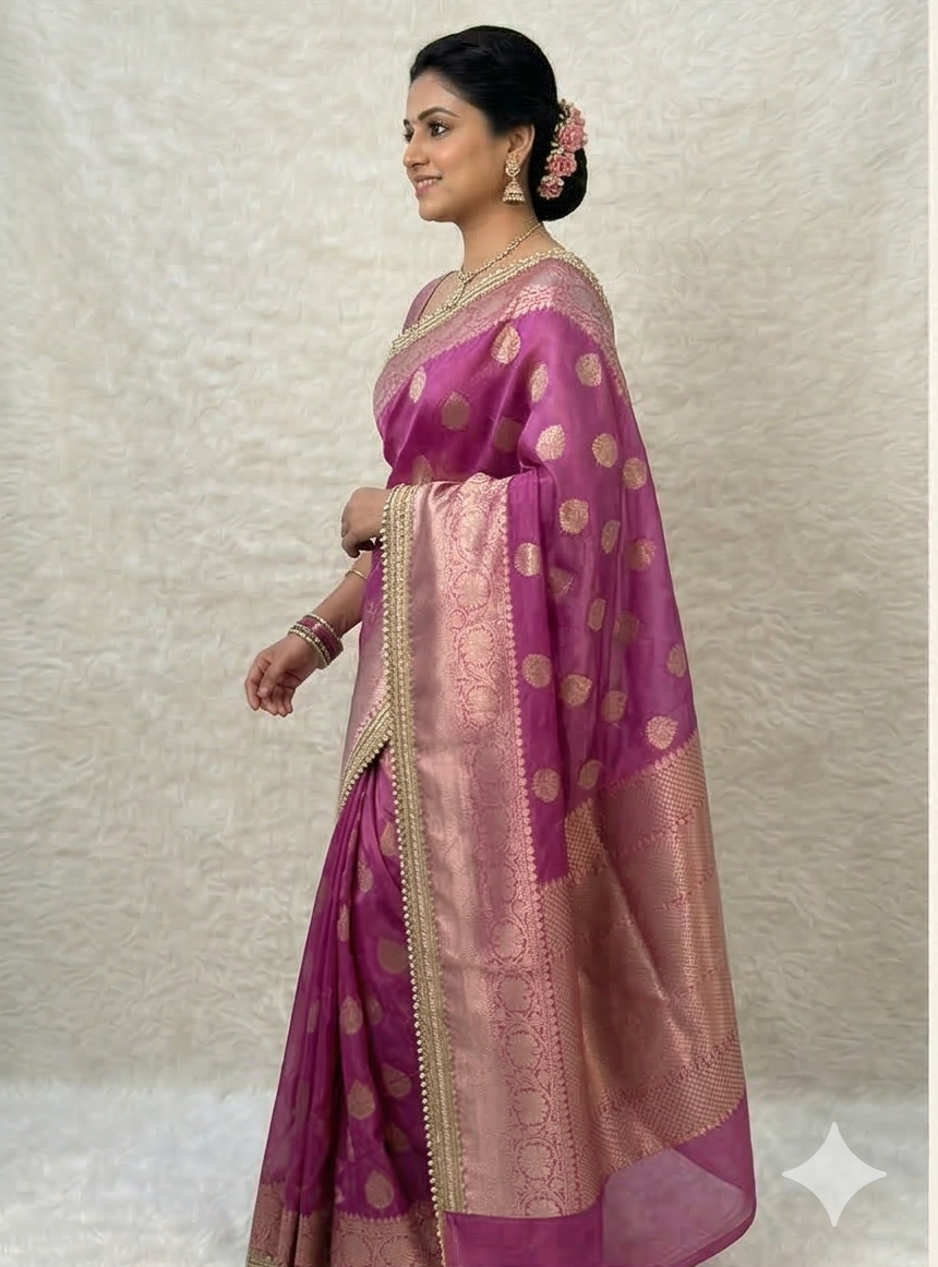 Pink Color Banarasi Tissue Silk Saree With Lace Work Alna Apparels