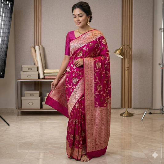 Pink Meenakari work Banarasi Silk Saree Alna Apparels