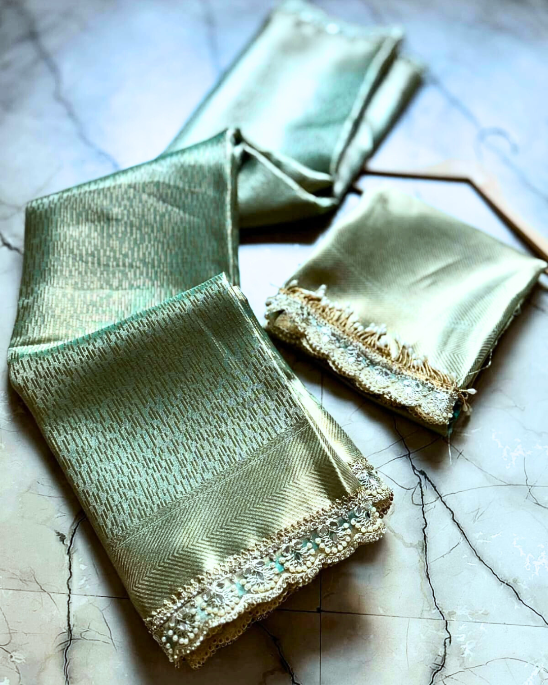 Pista Green Banarasi Tissue Silk Saree With Lace - Alna Apparels
