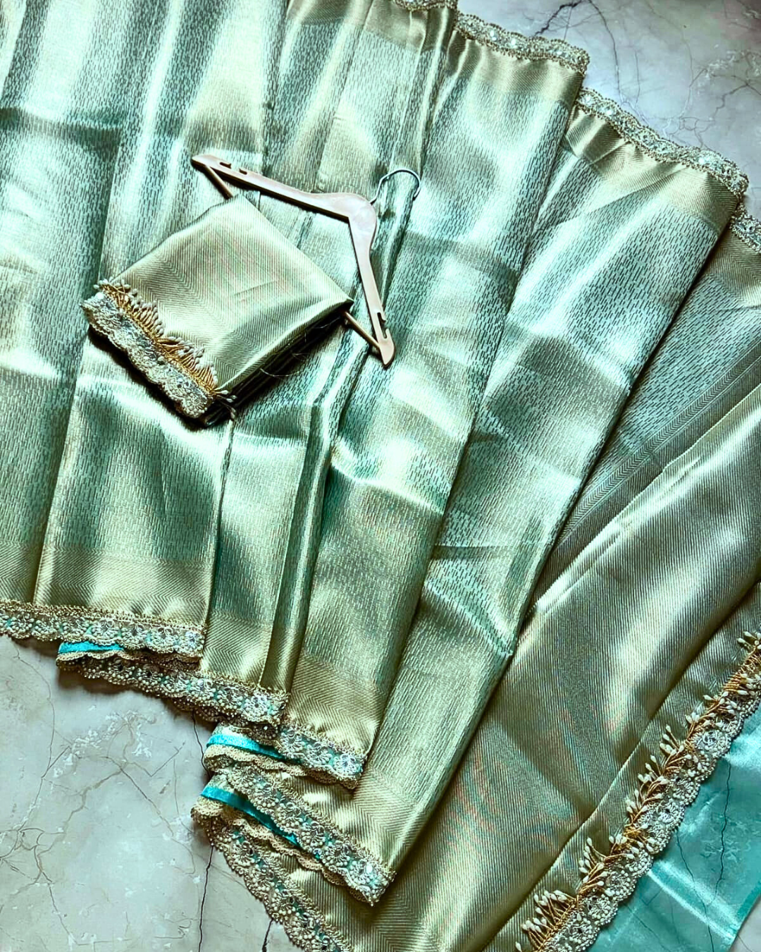 Pista Green Banarasi Tissue Silk Saree With Lace - Alna Apparels