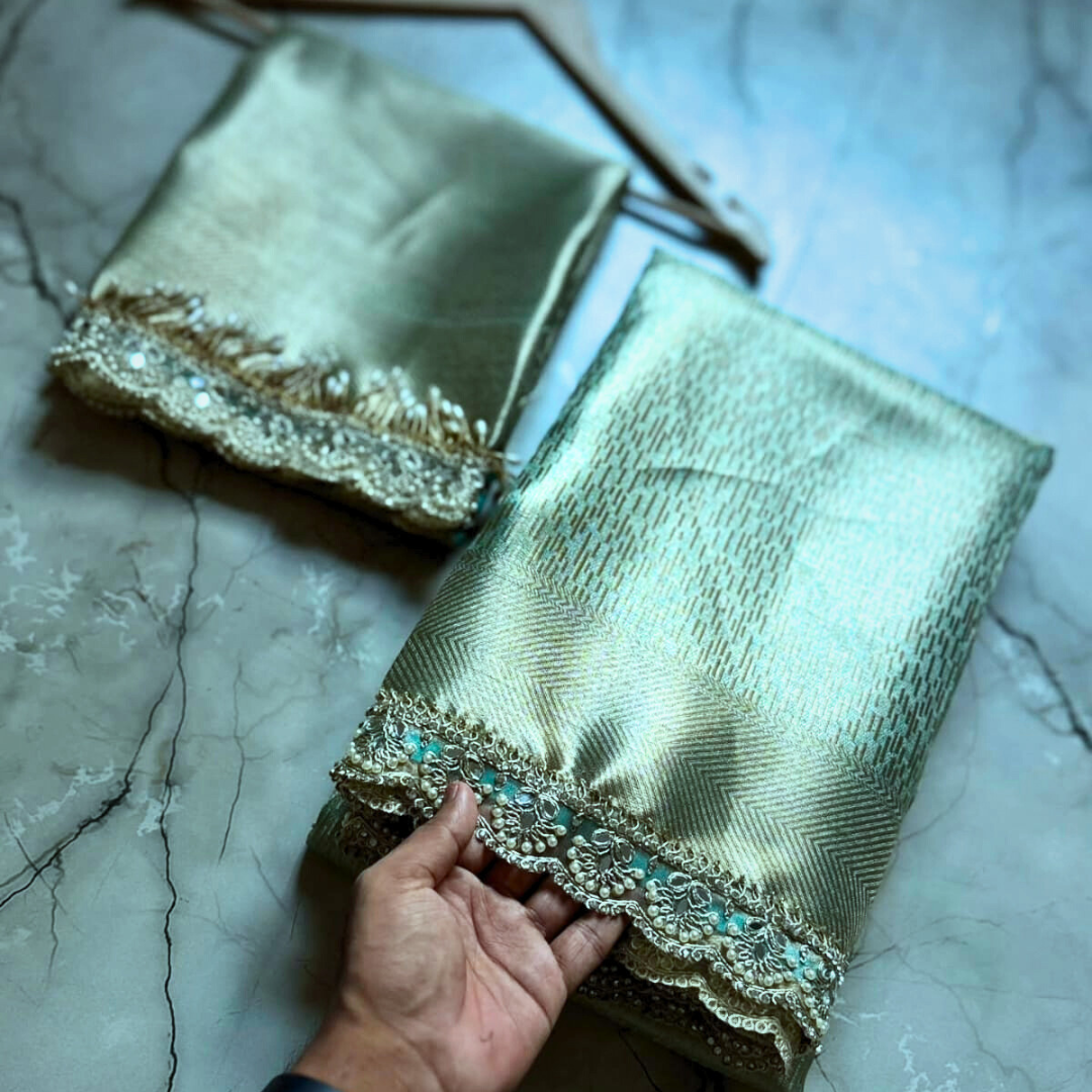 Pista Green Banarasi Tissue Silk Saree With Lace - Alna Apparels