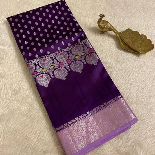Purple Banarasi Kathan Soft Silk Saree Alna Apparels