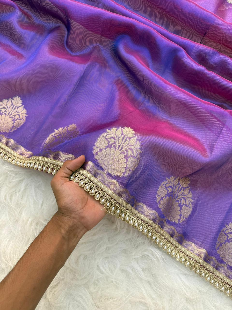 Purple Color Banarasi Tissue Silk Saree With Lace Work Alna Apparels