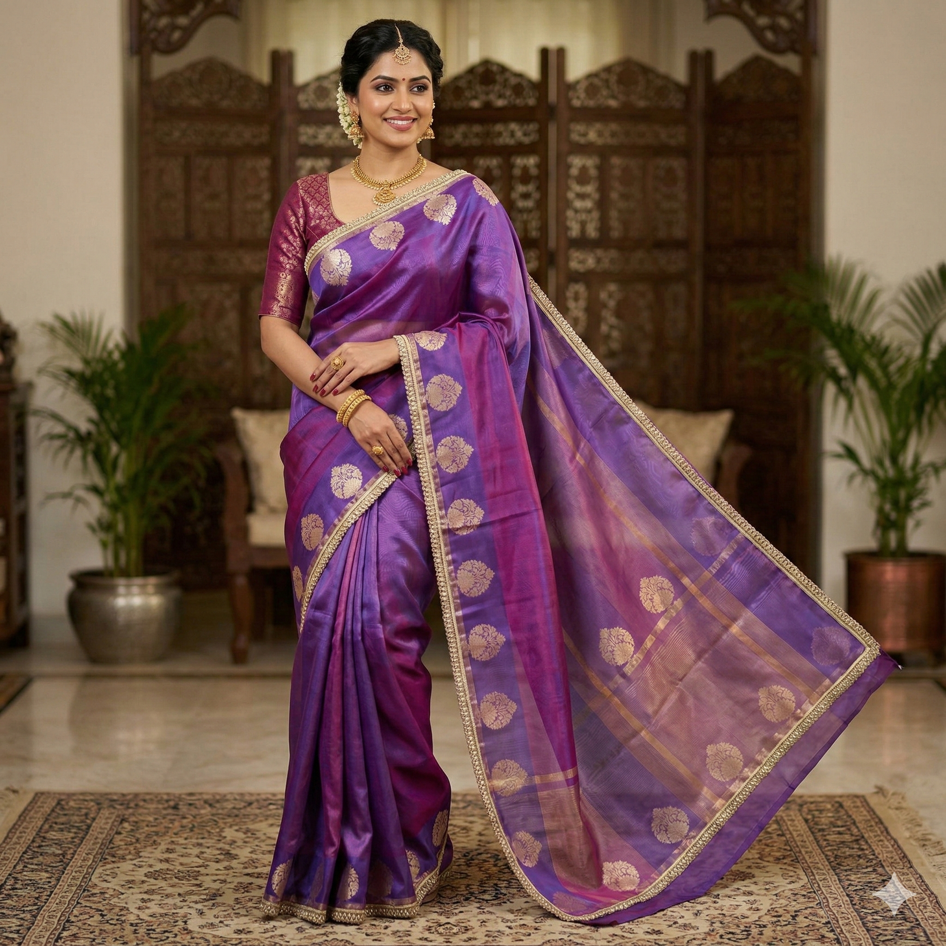 Purple Color Banarasi Tissue Silk Saree With Lace Work Alna Apparels