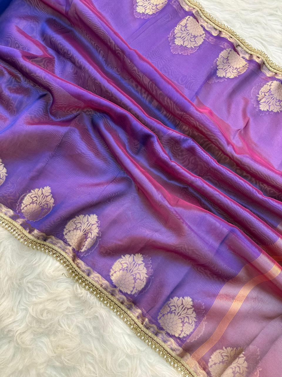 Purple Color Banarasi Tissue Silk Saree With Lace Work Alna Apparels
