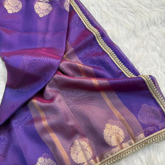 Purple Color Banarasi Tissue Silk Saree With Lace Work Alna Apparels