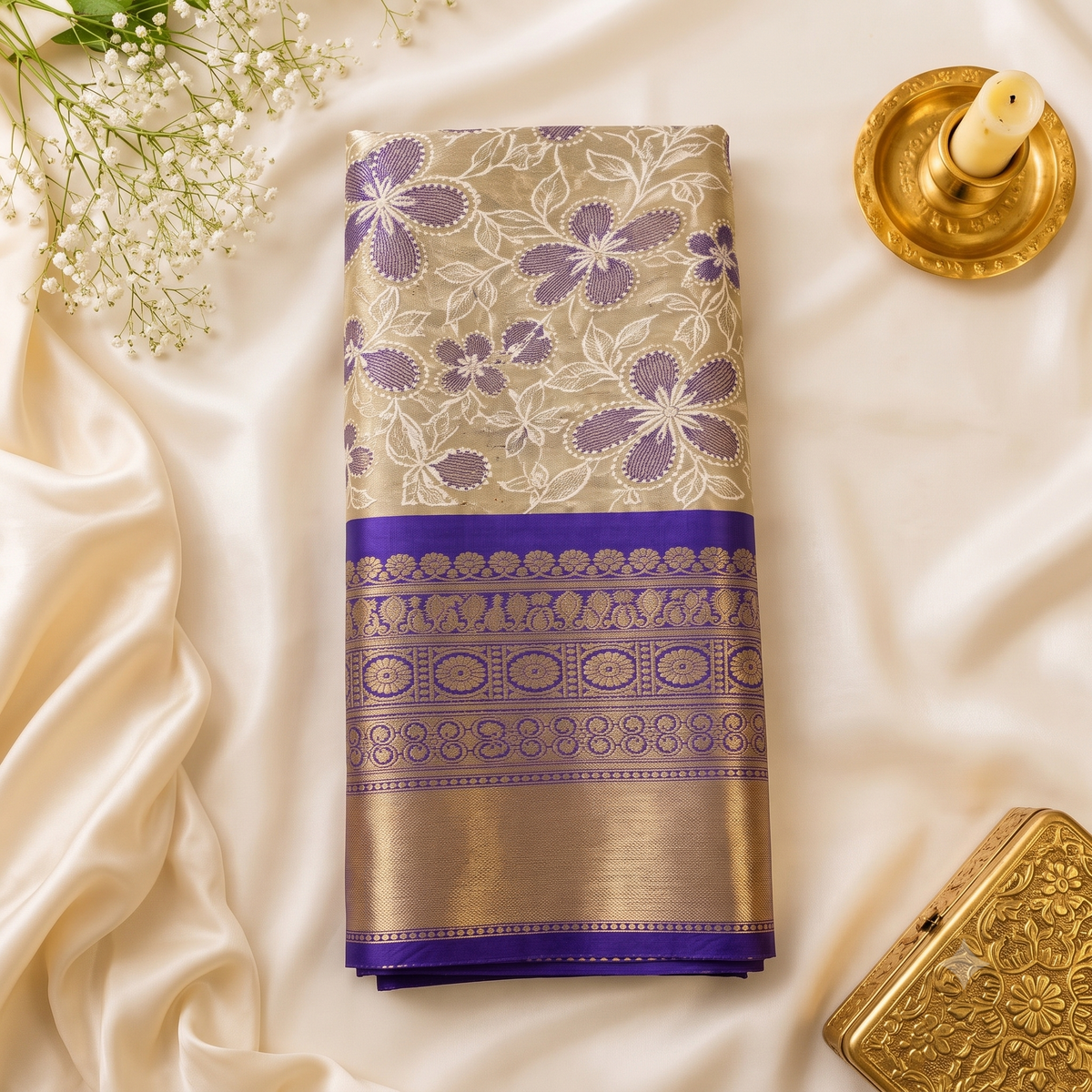 Purple Banarasi Semi Silk Saree With Beautiful Embroidery Work Alna Apparels