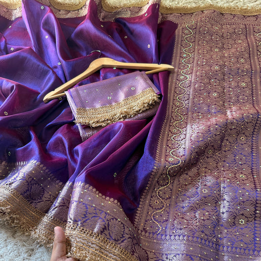 Purple Banarasi Tissue Silk Saree Classy Stone Work With Lace Alna Apparels