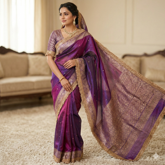Purple Banarasi Tissue Silk Saree Classy Stone Work With Lace Alna Apparels