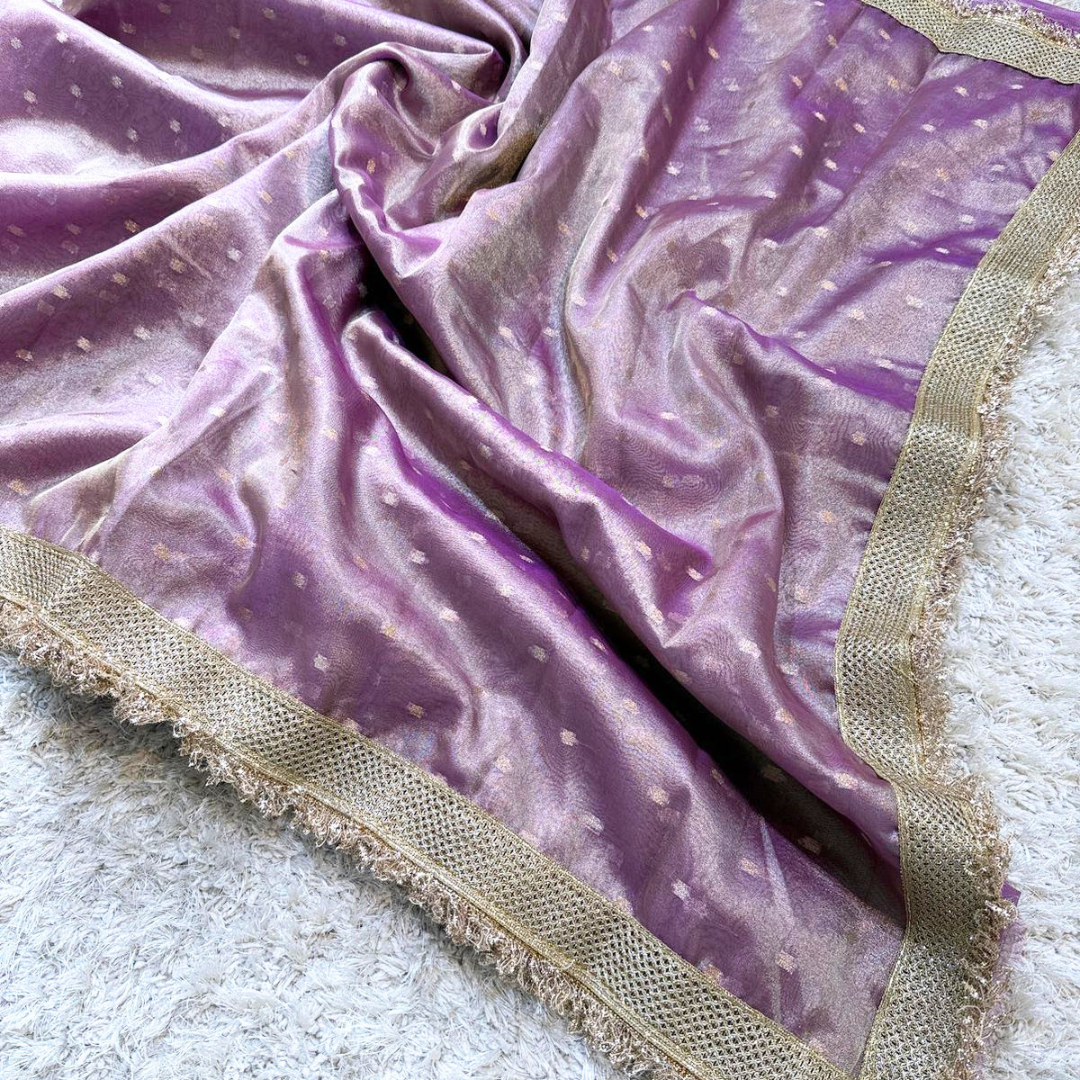 Purple Banarasi Tissue Silk Saree With Lace Work Alna Apparels