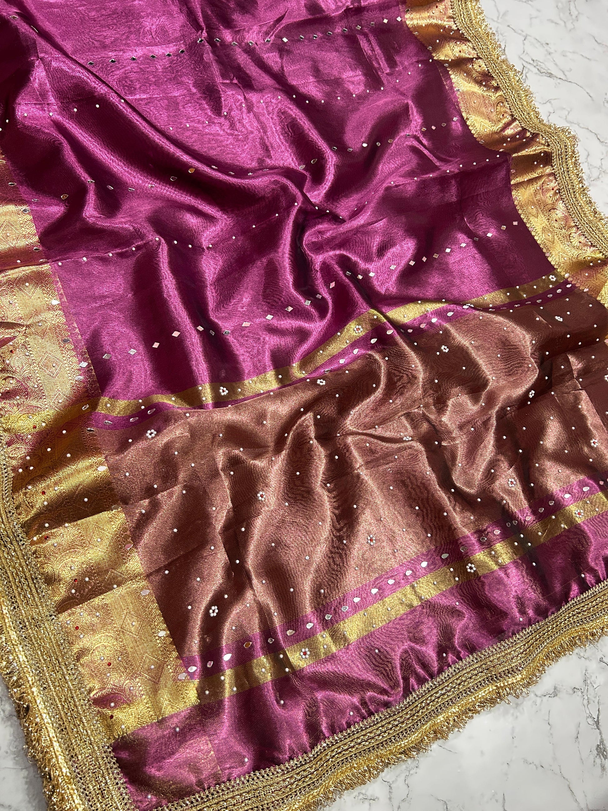 Purple Banarsi Tissue Silk Saree with Lace Work and Mirror Work Alna Apparels