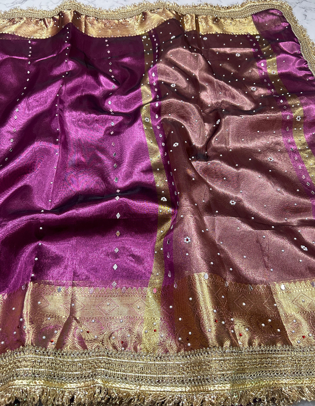 Purple Banarsi Tissue Silk Saree with Lace Work and Mirror Work Alna Apparels