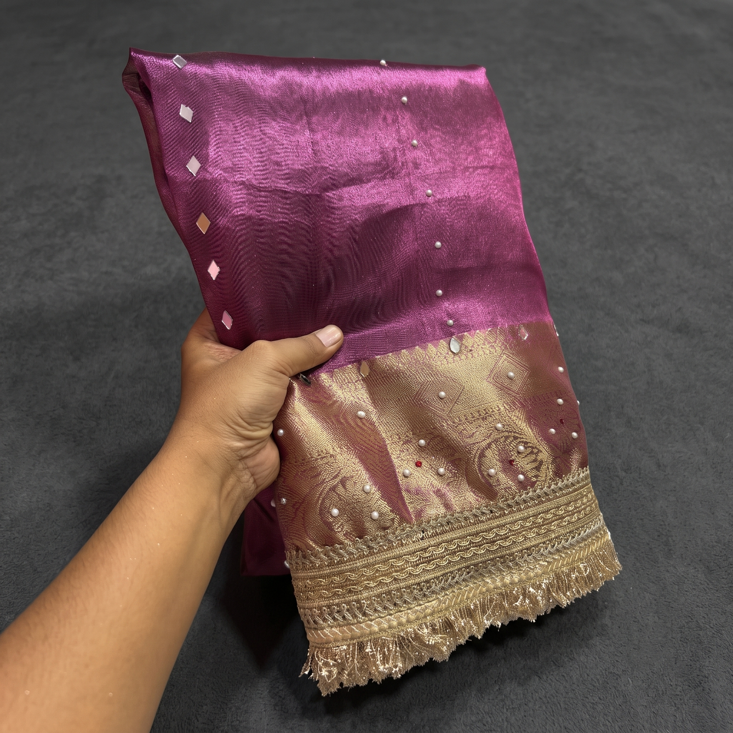 Purple Banarsi Tissue Silk Saree with Lace Work and Mirror Work Alna Apparels