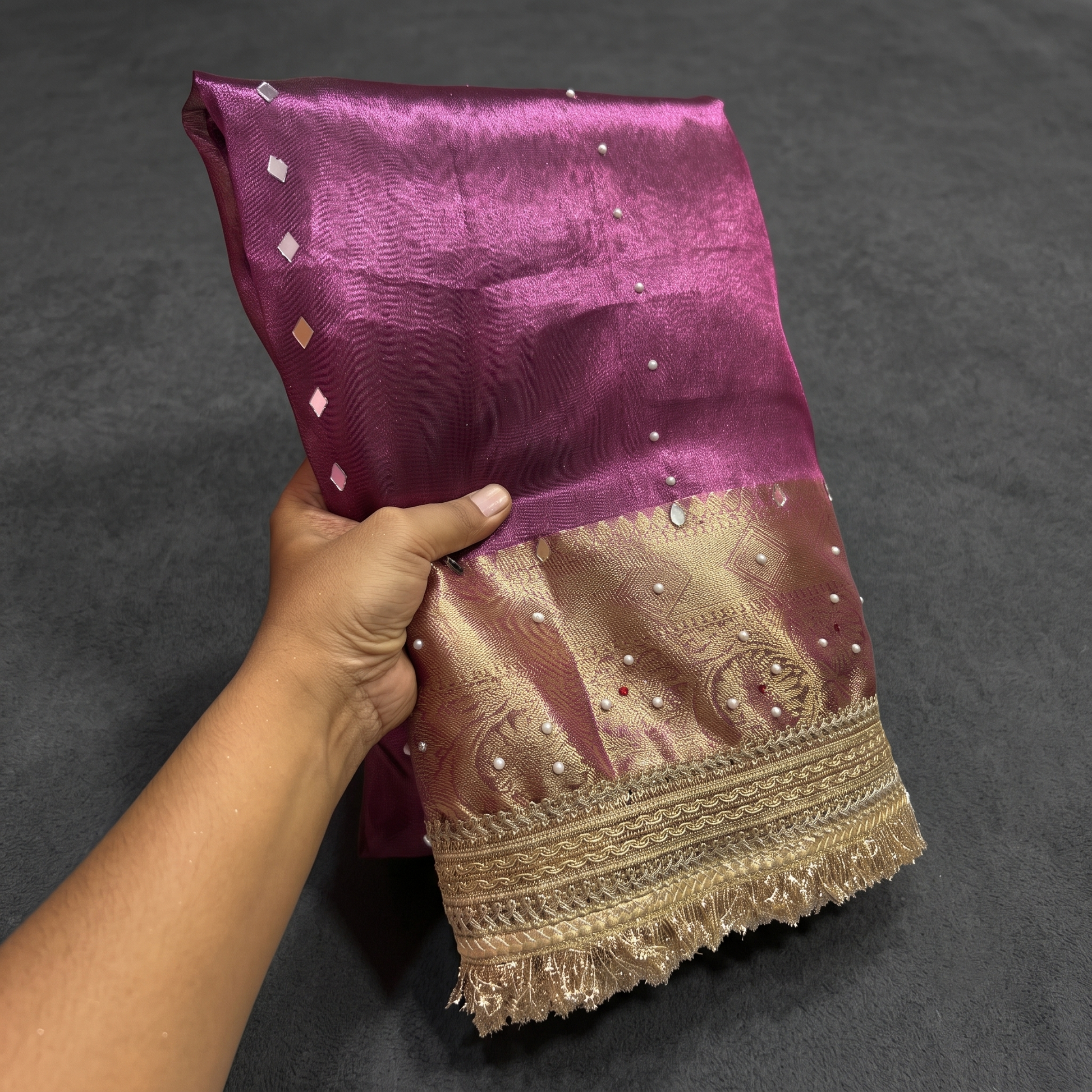 Purple Banarsi Tissue Silk Saree with Lace Work and Mirror Work Alna Apparels