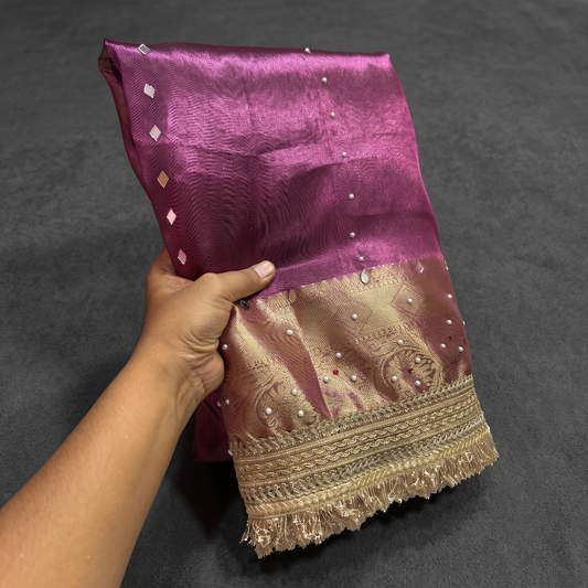 Purple Banarsi Tissue Silk Saree with Lace Work and Mirror Work Alna Apparels