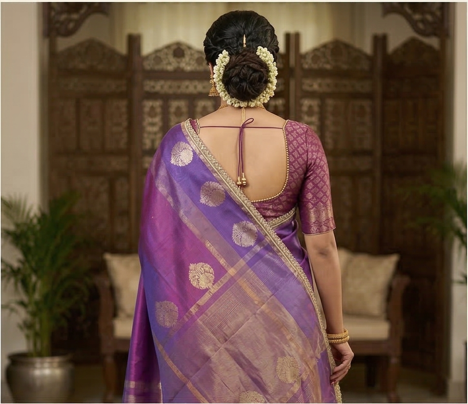 Purple Color Banarasi Tissue Silk Saree With Lace Work Alna Apparels