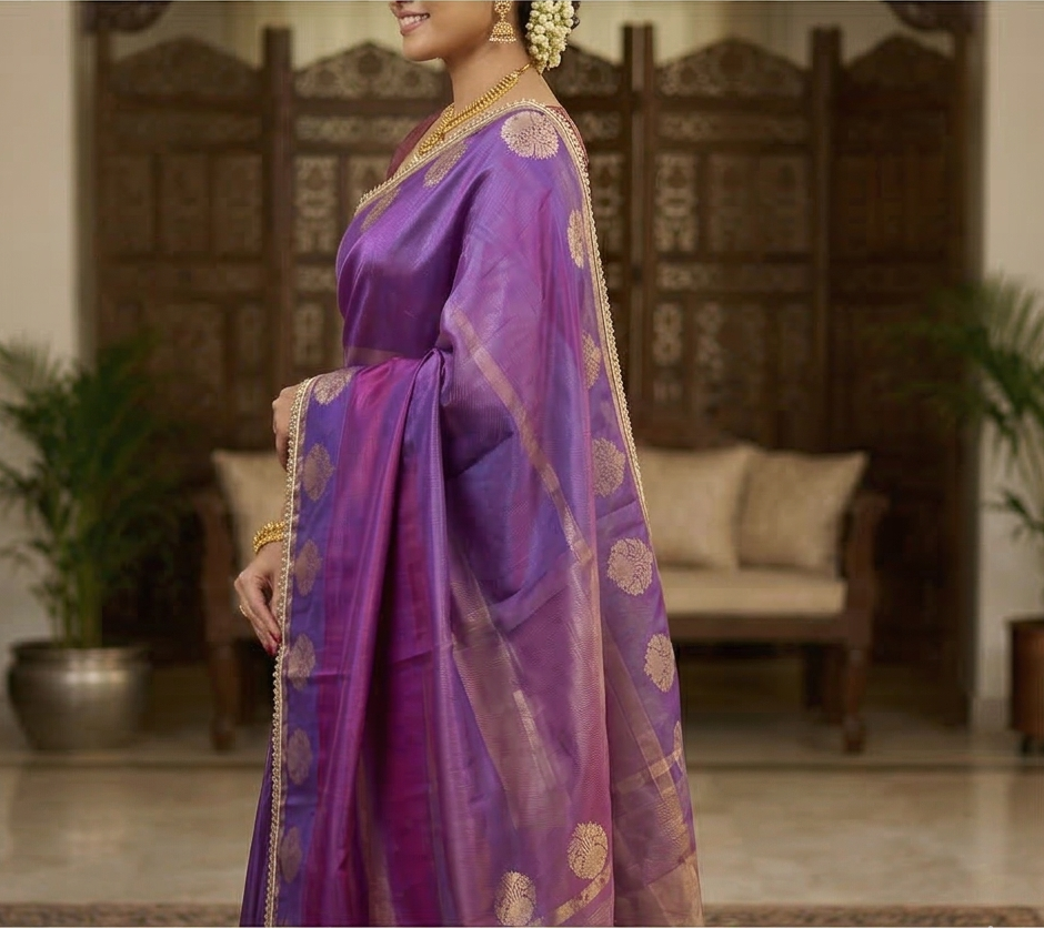 Purple Color Banarasi Tissue Silk Saree With Lace Work Alna Apparels