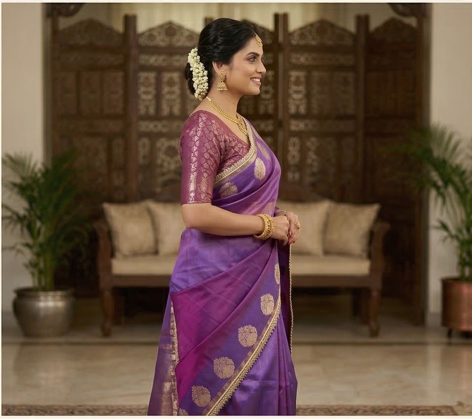 Purple Color Banarasi Tissue Silk Saree With Lace Work Alna Apparels