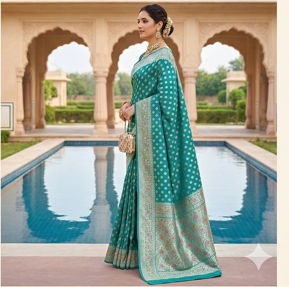Rama Blue Banarasi Semi Khaddi Kathan Handloom Georgette Silk Saree Alna Apparels