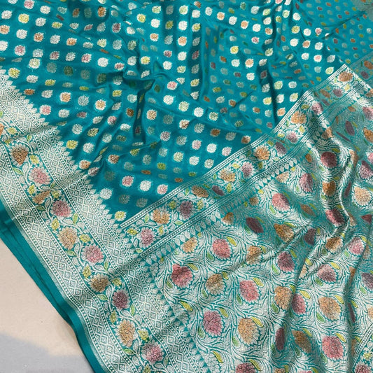 Rama Blue Banarasi Semi Khaddi Kathan Handloom Georgette Silk Saree Alna Apparels