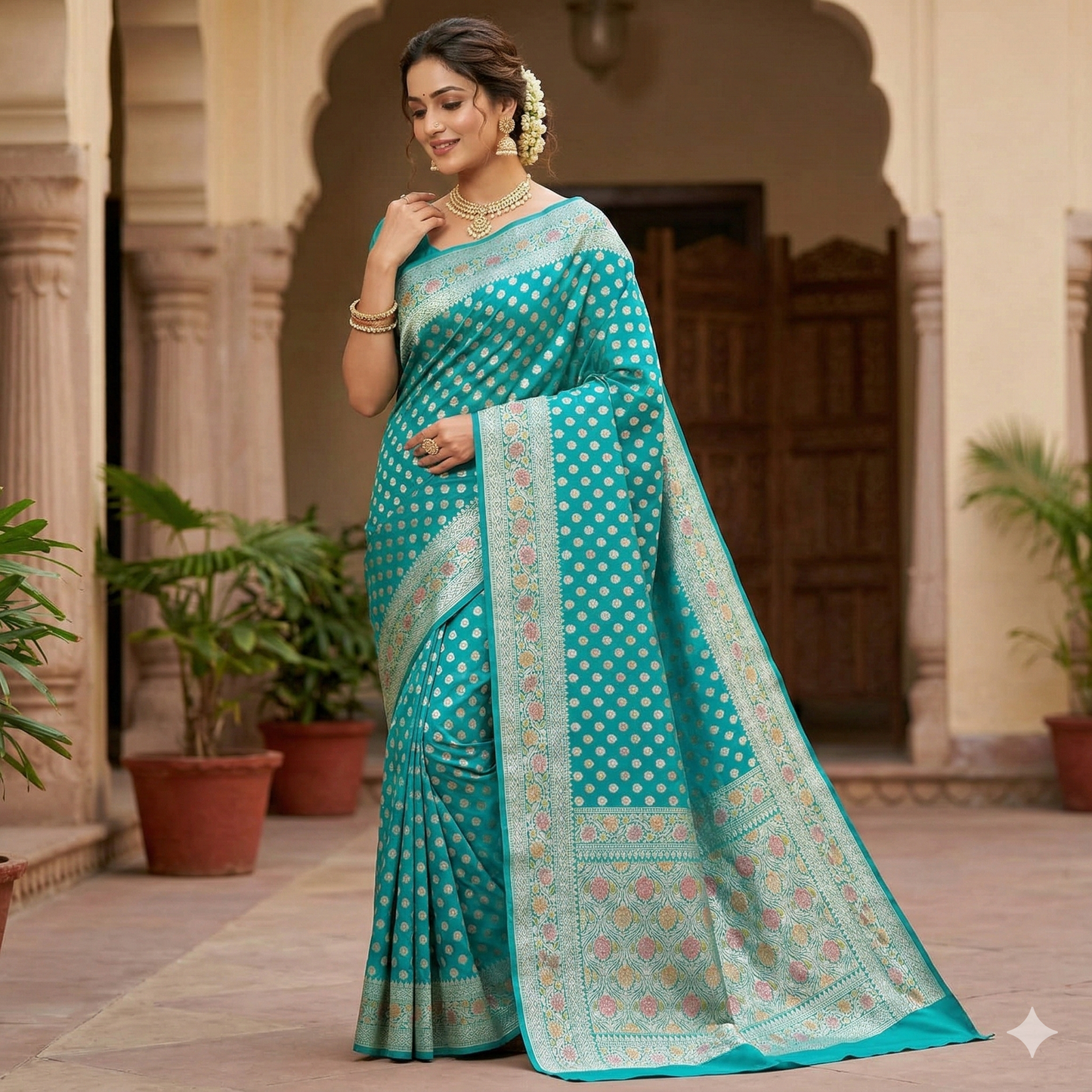 Rama Blue Banarasi Semi Khaddi Kathan Handloom Georgette Silk Saree Alna Apparels