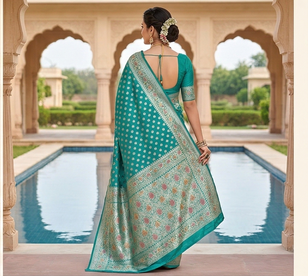 Rama Blue Banarasi Semi Khaddi Kathan Handloom Georgette Silk Saree Alna Apparels