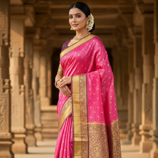 Rani Pink Banarasi Kathan Soft Silk Saree Alna Apparels