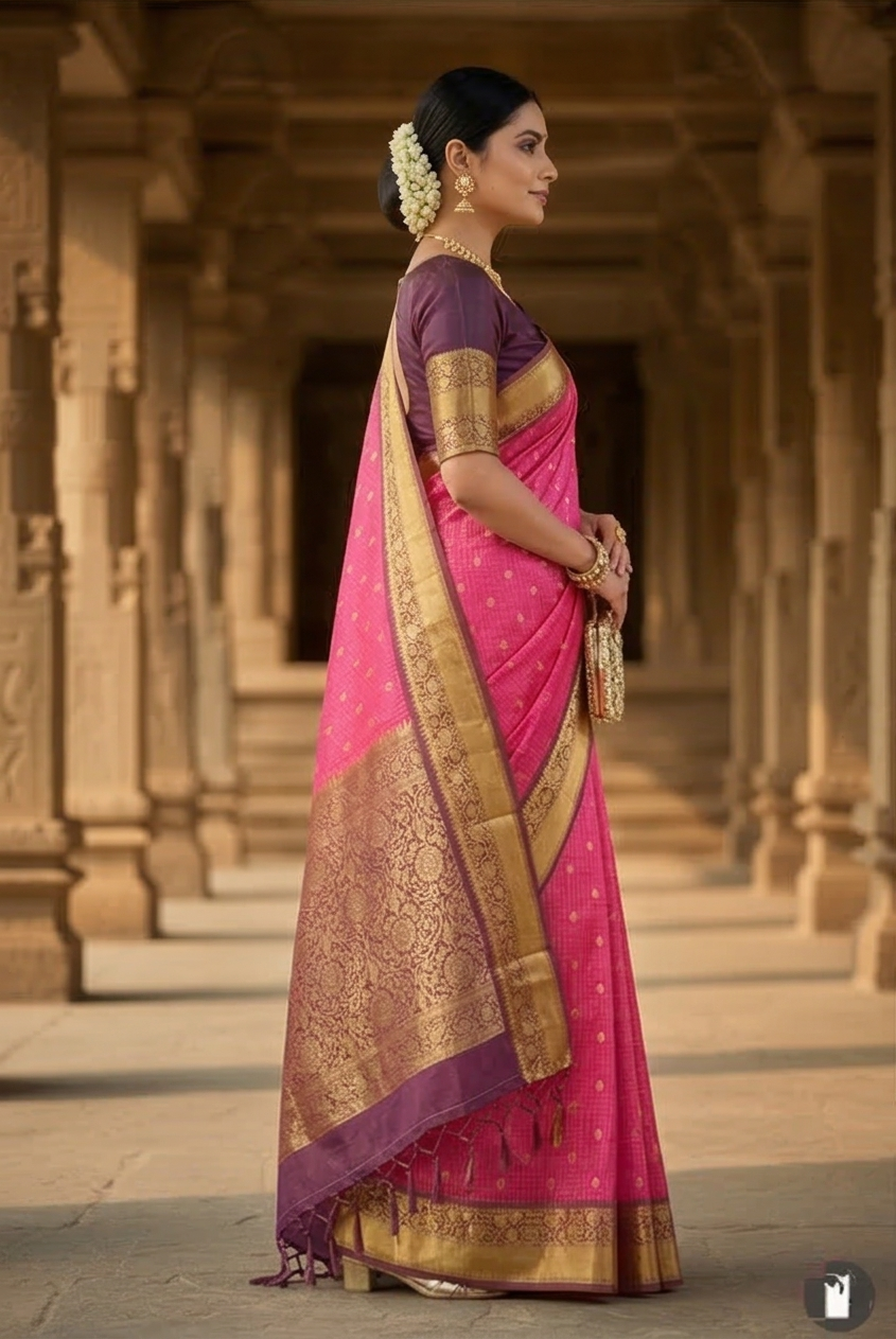 Rani Pink Banarasi Kathan Soft Silk Saree Alna Apparels