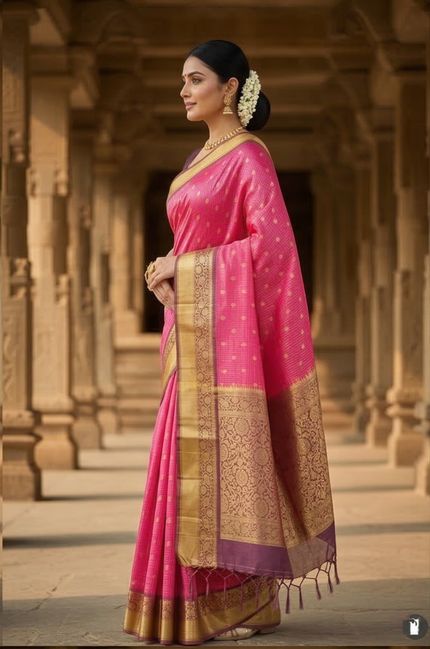 Rani Pink Banarasi Kathan Soft Silk Saree Alna Apparels