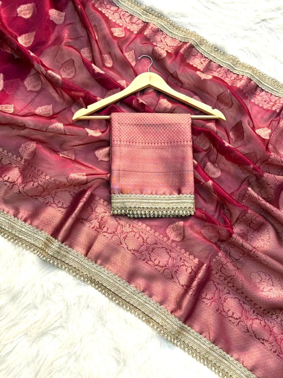 Rani Pink Color Tissue Silk Saree With Lace Work Alna Apparels