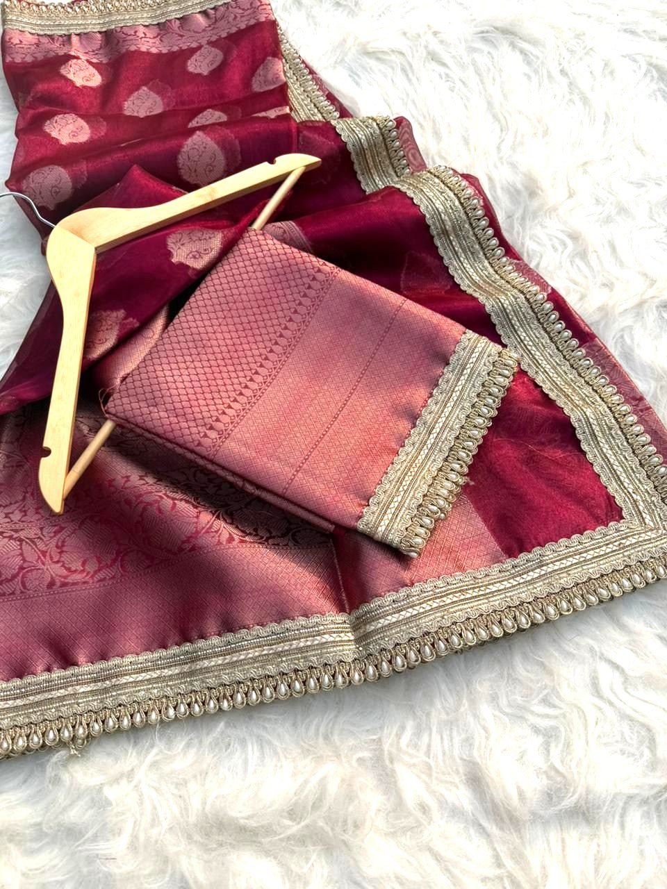 Rani Pink Color Tissue Silk Saree With Lace Work Alna Apparels