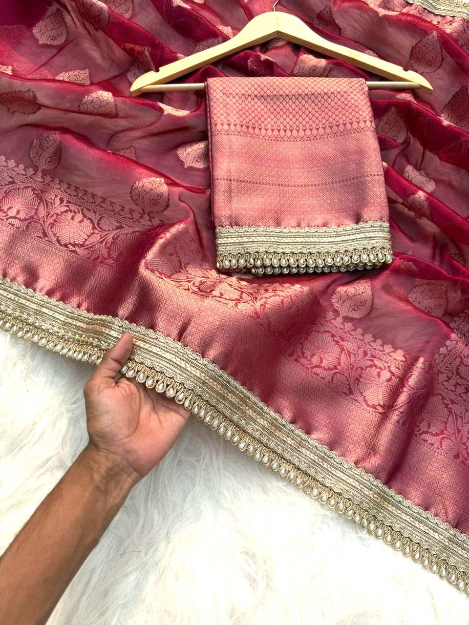Rani Pink Color Tissue Silk Saree With Lace Work Alna Apparels
