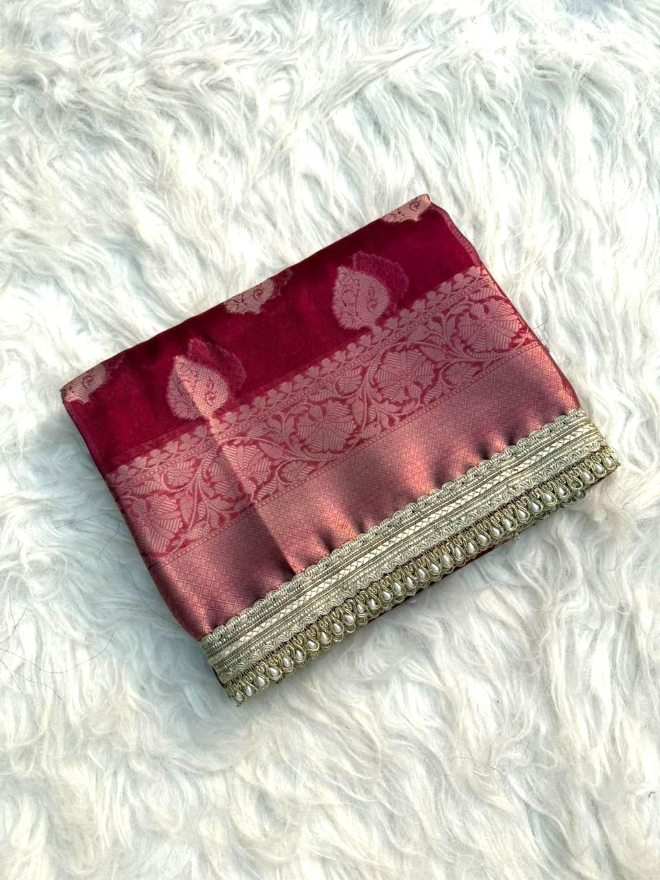 Rani Pink Color Tissue Silk Saree With Lace Work Alna Apparels