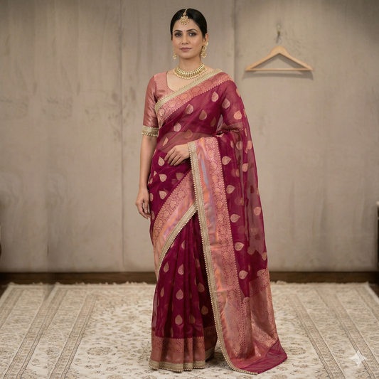 Rani Pink Color Tissue Silk Saree With Lace Work Alna Apparels