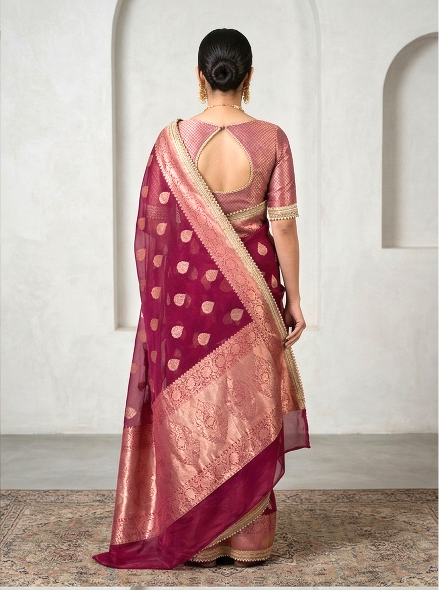 Rani Pink Color Tissue Silk Saree With Lace Work Alna Apparels