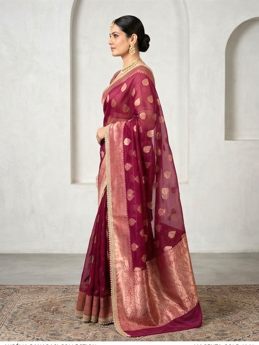 Rani Pink Color Tissue Silk Saree With Lace Work Alna Apparels