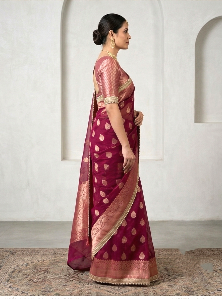 Rani Pink Color Tissue Silk Saree With Lace Work Alna Apparels