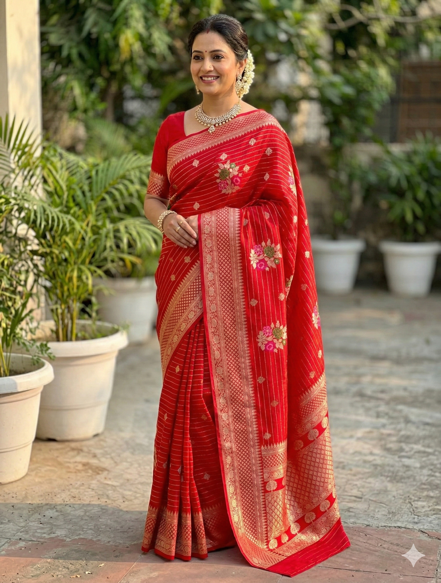 Red Banarasi Kathan Georgette Silk Saree Alna Apparels