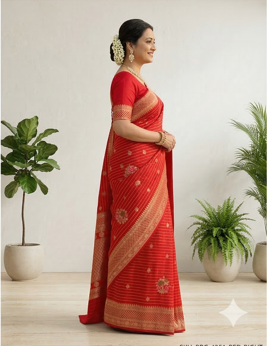 Red Banarasi Kathan Georgette Silk Saree Alna Apparels