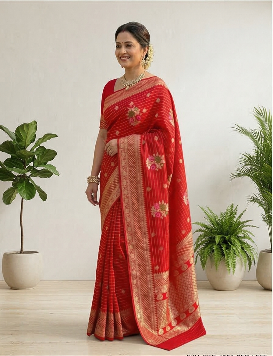 Red Banarasi Kathan Georgette Silk Saree Alna Apparels