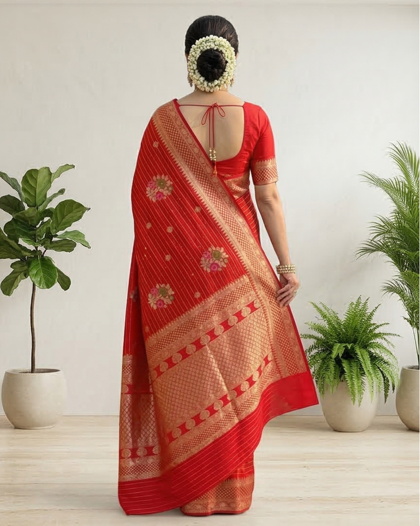Red Banarasi Kathan Georgette Silk Saree Alna Apparels