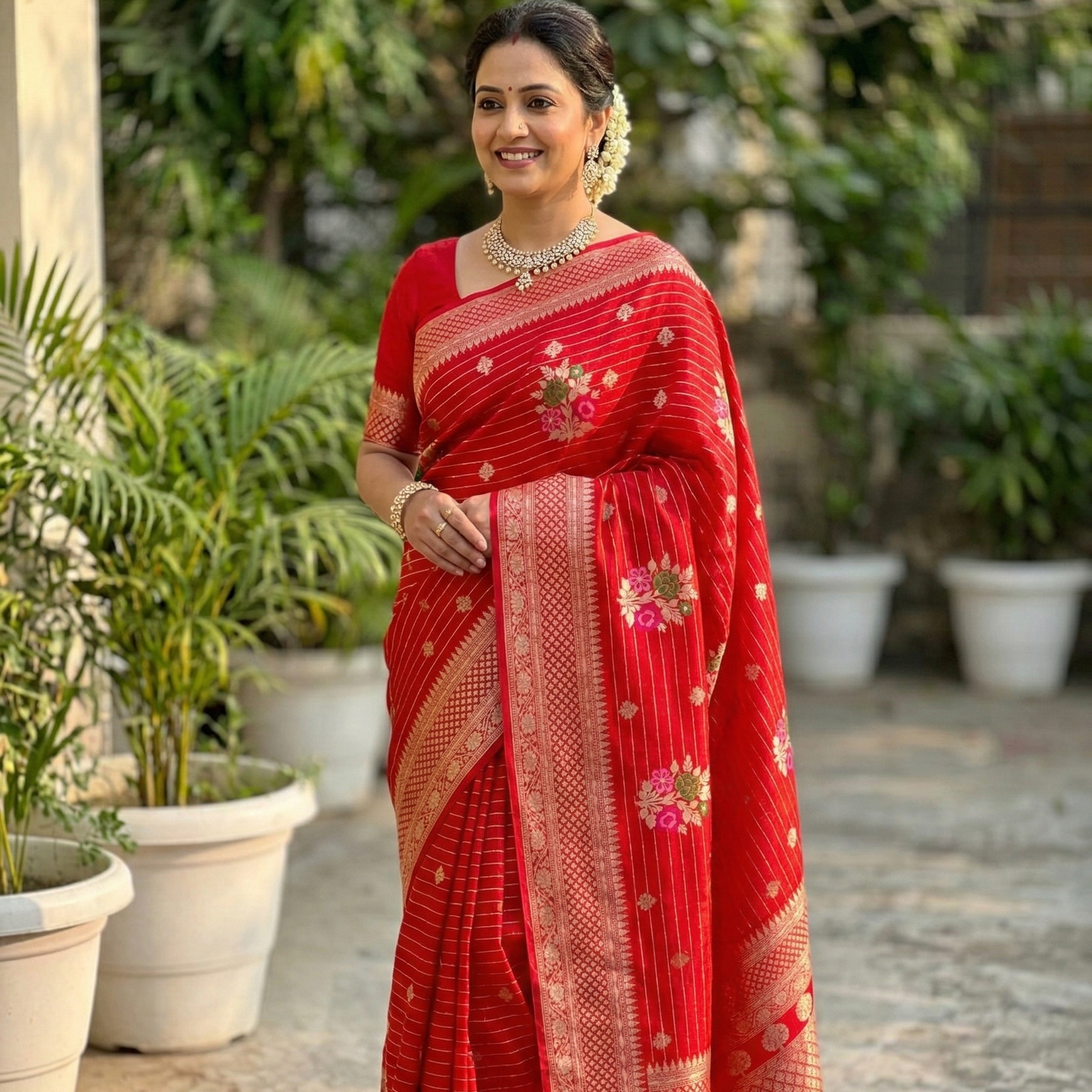 Red Banarasi Kathan Georgette Silk Saree Alna Apparels