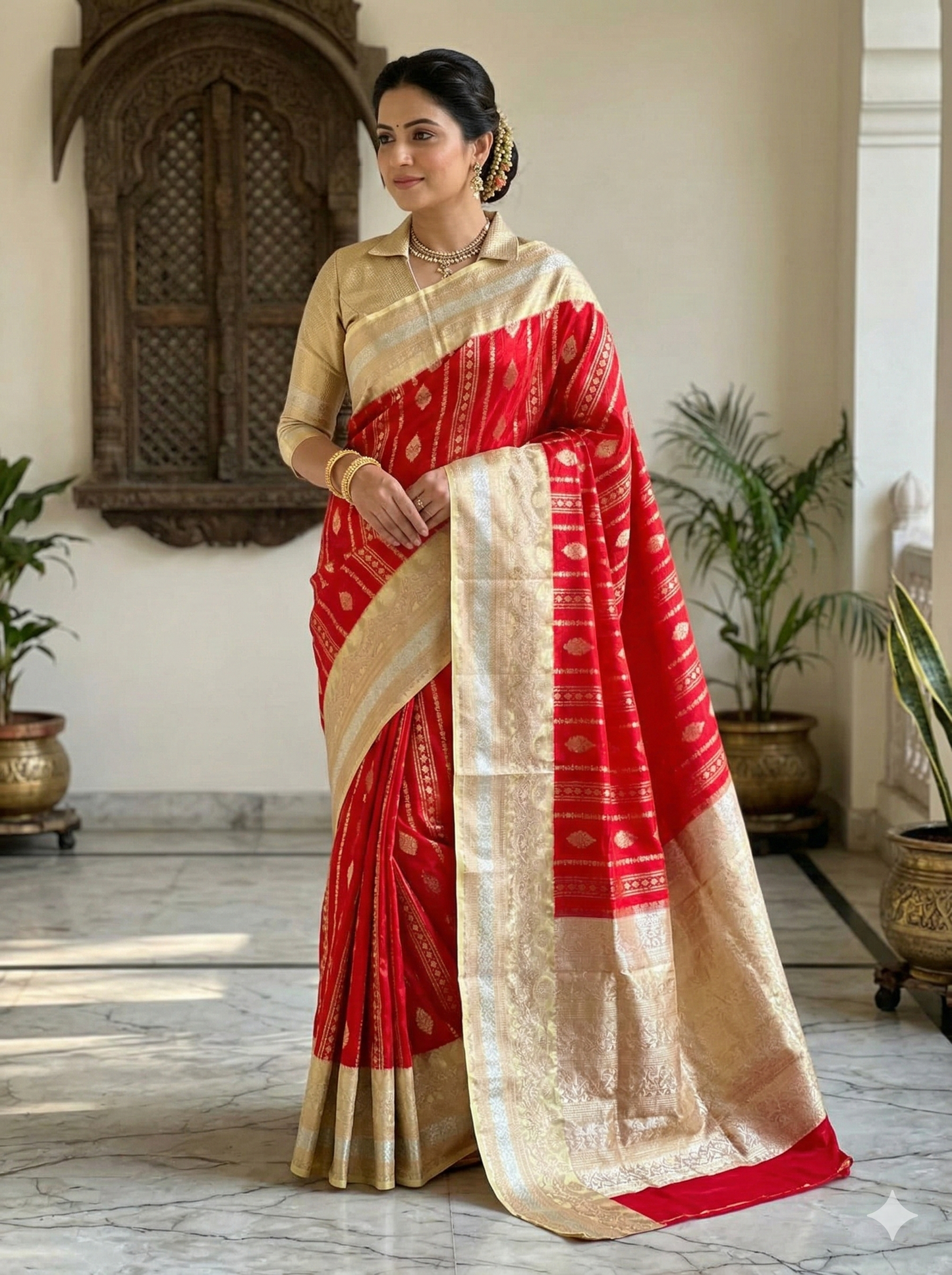 Red Banarasi Kathan Silk Saree Alna Apparels