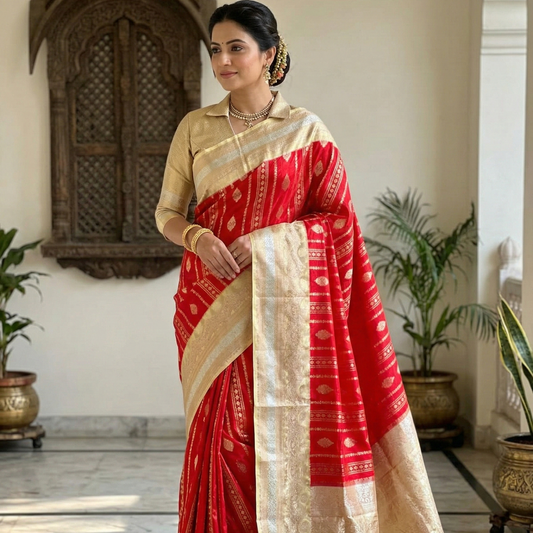 Red Banarasi Kathan Silk Saree Alna Apparels
