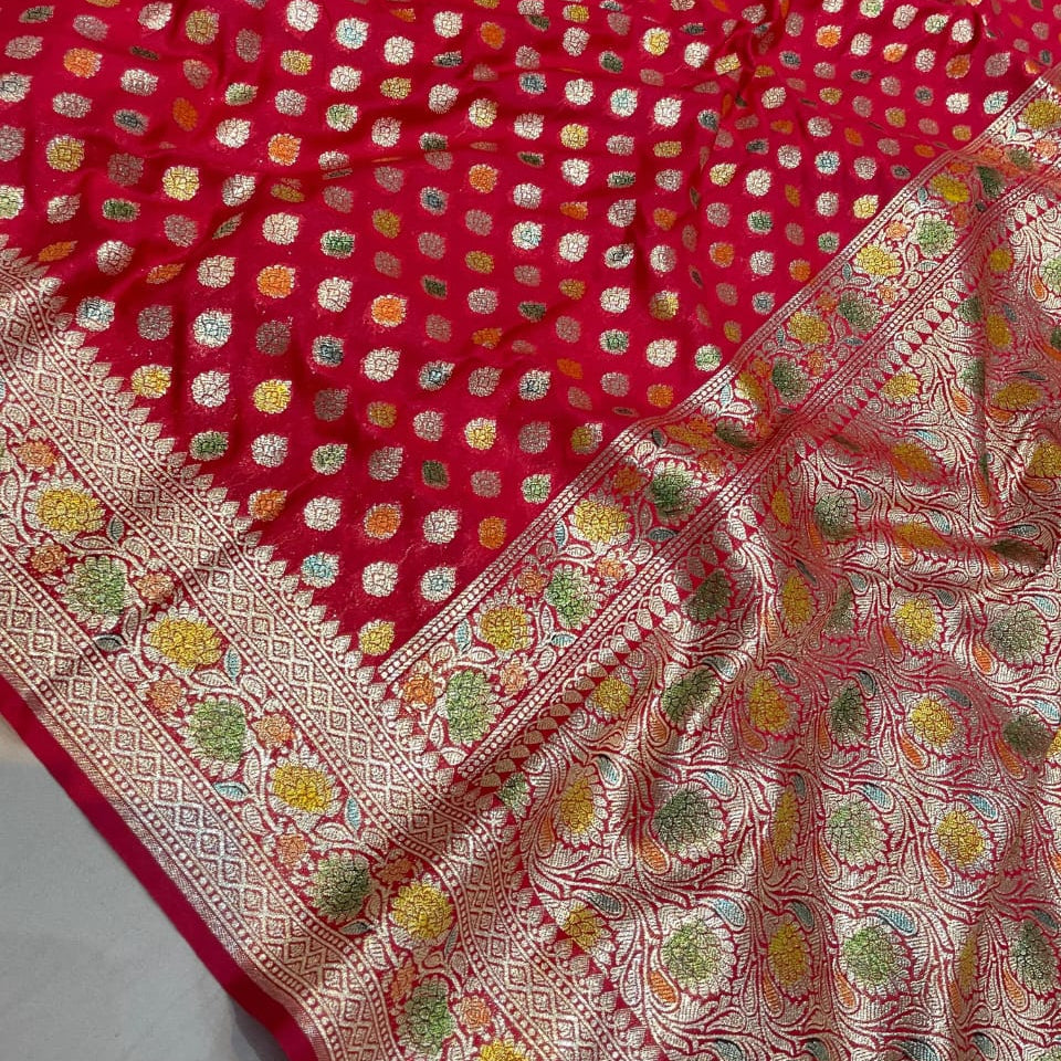Red Banarasi Semi Khaddi Kathan Handloom Georgette Silk Saree - Alna Apparels