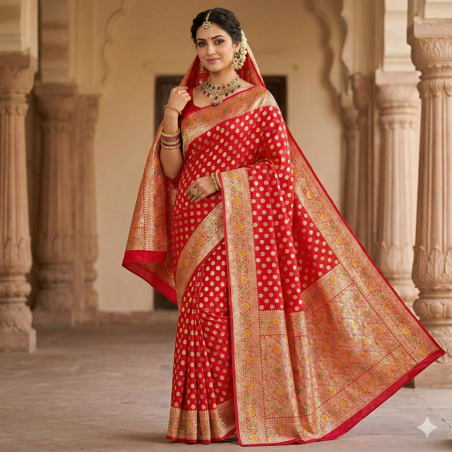 Red Banarasi Semi Khaddi Kathan Handloom Georgette Silk Saree Alna Apparels