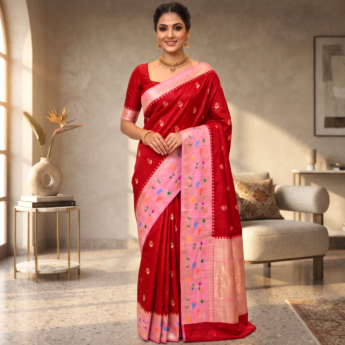 Red Banarasi Soft Silk Sraee Alna Apparels